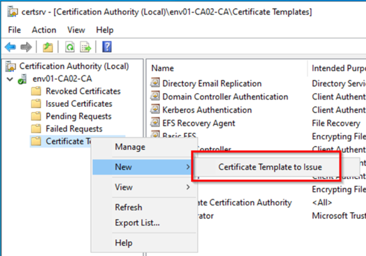Certification Authority MMC showing 'Certificate Template to Issue' option under New.